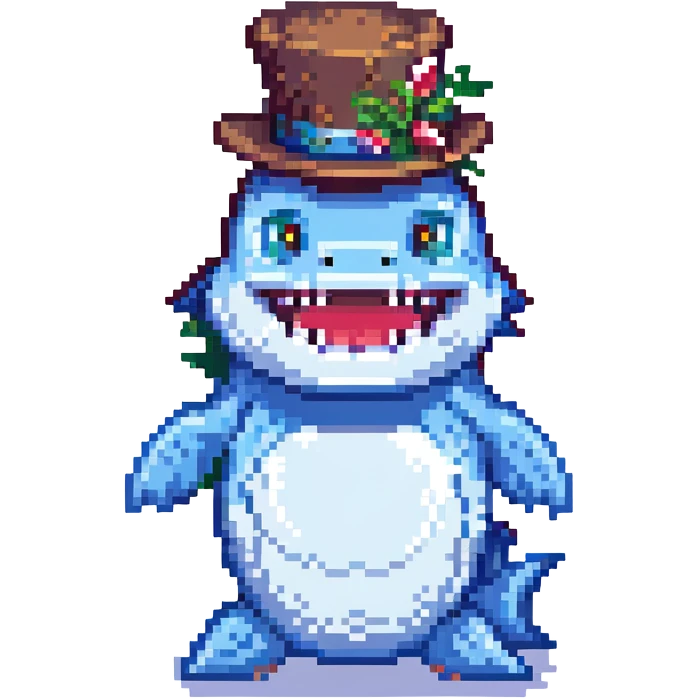 pixel art shark in a tophat, smiling emoji