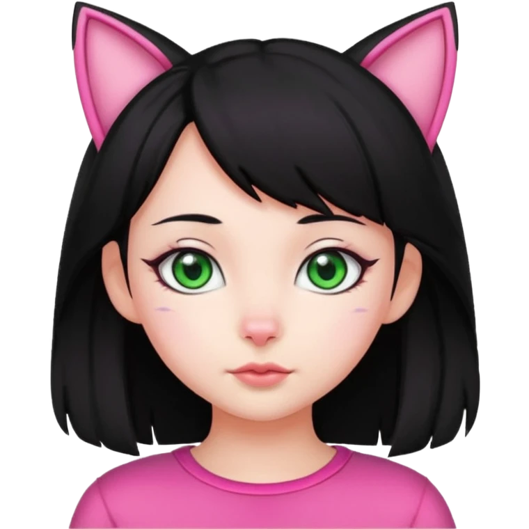 cute girl with pink cat ears, black hair, green eyes emoji