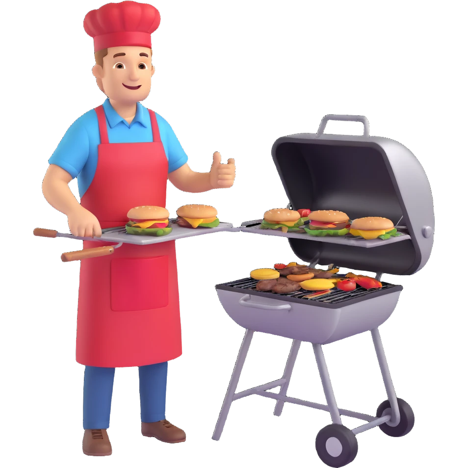man at a barbecue grill, apron, flipping burgers, sunny day emoji