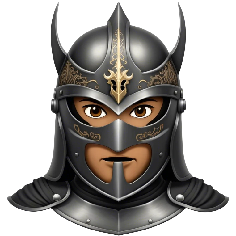 A masked man knight with intricate black engravings on his steel helmet, eyes glowing with fury emoji