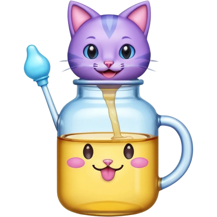 Smiling bottle of oil light purple top and light blue sticking tongue out and with cat ears emoji
