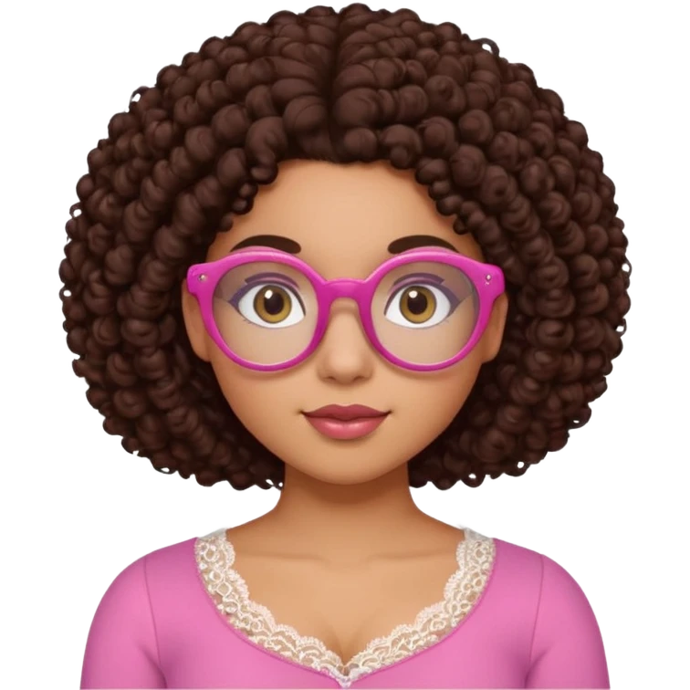 medium-light kinned afro-latina girl with medium length chocolate brown side part curly hair, brown eyes, pink sweetheart necklined top with lace, round wide-ish nose, chubby oblong shaped face, brown glasses emoji