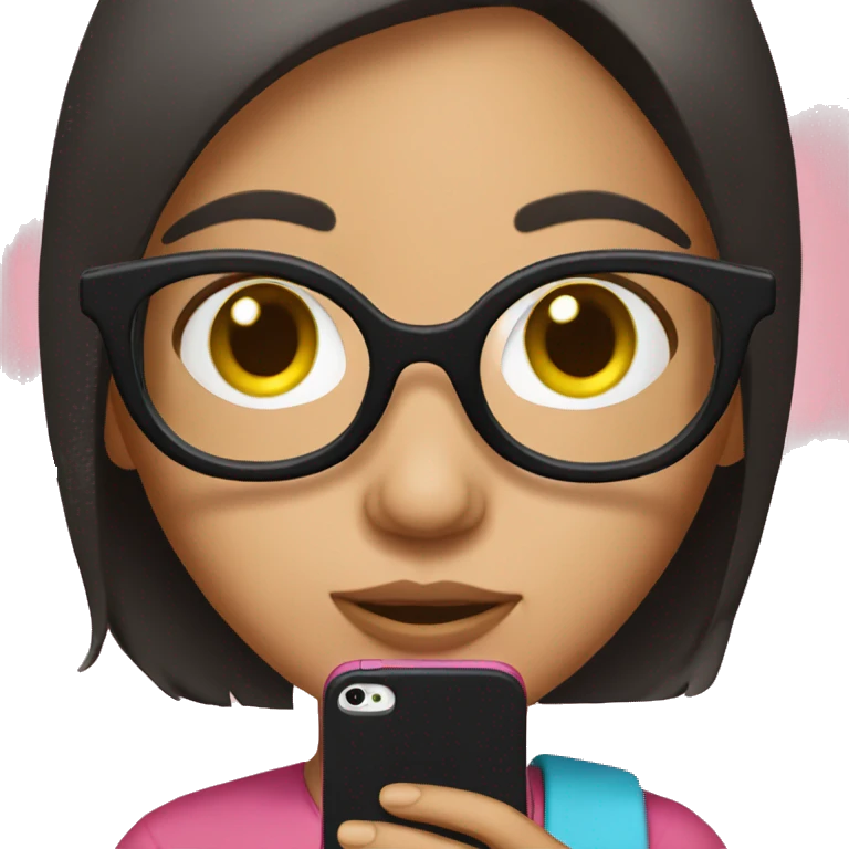 girl with glasses and dark hair reading on a pink smart phone emoji