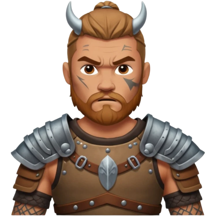 A rugged Viking man with tattooed arms, leather armor, and intense eyes ready for battle.
 emoji