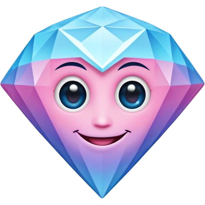 A cheerful diamond logo with a black outline and a smiling face, set against a pastel gradient of pink, blue, and lavender. Smaller diamonds surround it, forming a larger diamond pattern. Playful yet sleek, perfect for branding, digital media, emoji