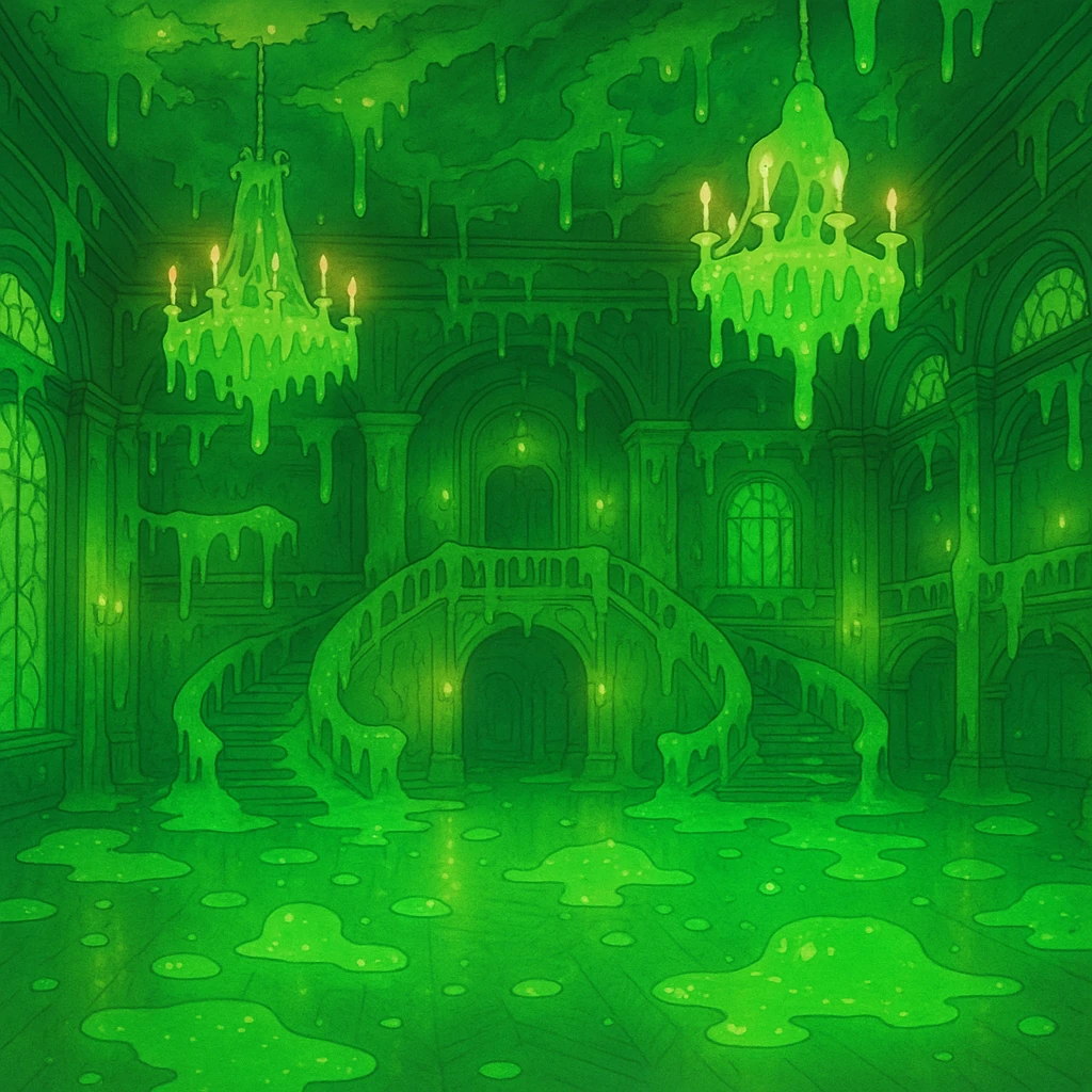 a ghibli-inspired dance hall with a whimsical, slimy atmosphere and glowing green ooze emoji