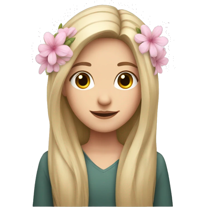 A white girl with long hair and soft pink flowers on ears emoji