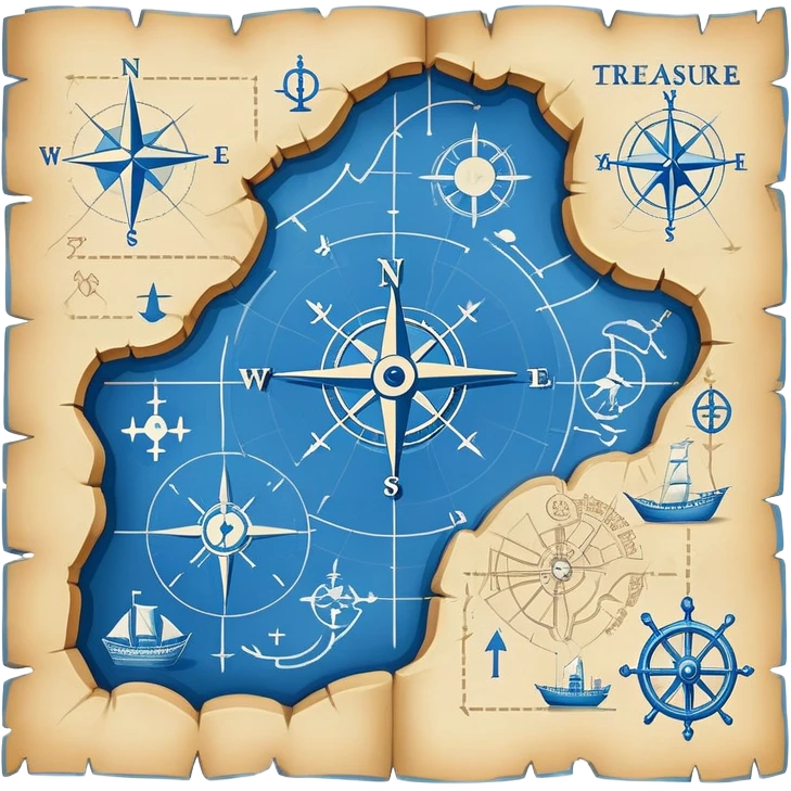 blue blueprint plan with white treasure map symbols and a path emoji