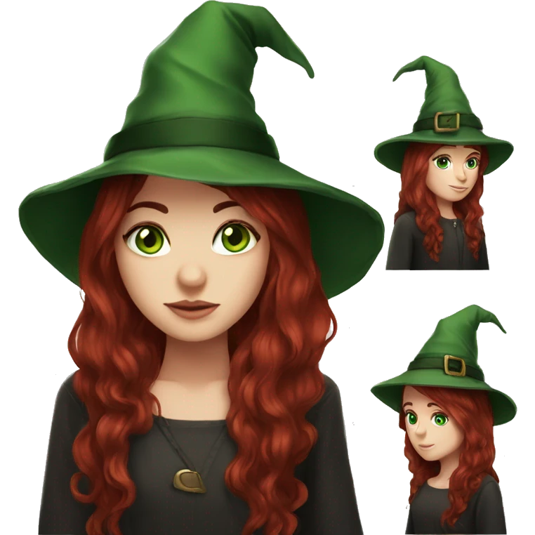 White girl long dark red hair green eyes green witch hat emoji