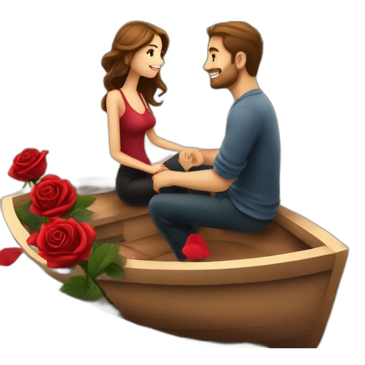 A couple siting on the beautiful boat. boyfriend proposed her girlfriend with red rose. emoji