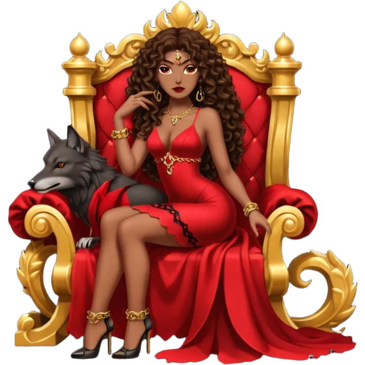 Lilith symbol seductress evil brown curly long hair haired, sexy succubus woman with red and black Chanel dress sitting on a Black and gold throne. A large black wolf laying beside he emoji
