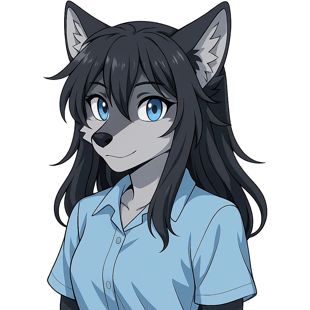 anime style wolf furry character with blue eyes, long black hair, wearing a light blue shirt emoji