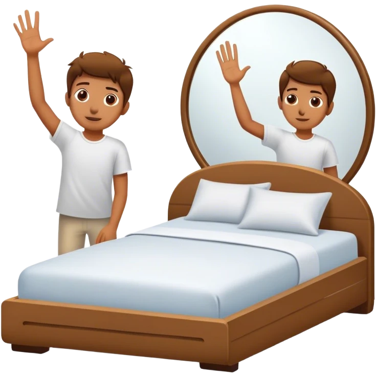 A person stands beside their bed, rolling out groggily with determination. The bed behind them is neatly made, a mirror in front of them shows them high-fiving their reflection. A glowing sunrise outside signals the start of a productive day. emoji