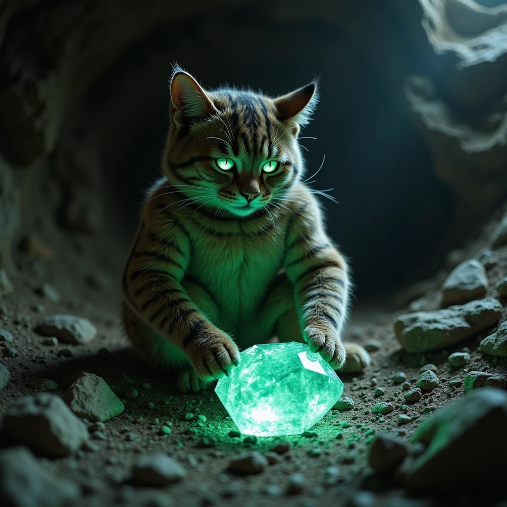 photorealistic scene of a miner dressed in a detailed lifelike cat costume discovering a huge emerald at y -255 underground, dramatic natural shadows and textures, realistic rock and gem textures, realistic underground environment, dramatic underground lighting emoji