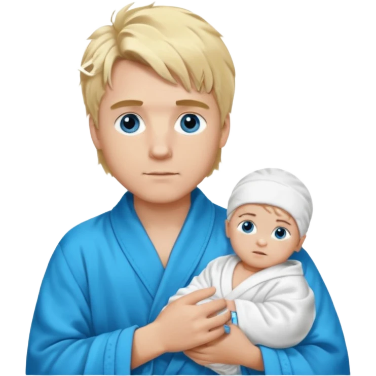 A white man with blue eyes, medium-length blond hair, a blue Cartier watch on his wrist, and a black and white bathrobe. His hair is messy, and he has a baby face. emoji