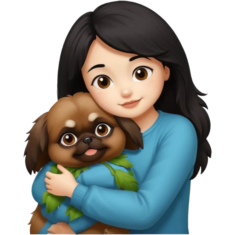 black hair girl hugging cheerfully brown pekingese dog that looks a little bit like brown gremlin emoji