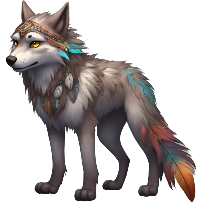 Anthro Fluffy Colorful Shy Spiritual Shamanic WereWolf-sona With Shiny Tribal Markings wearing feathers Full Body Detailed High Quality emoji