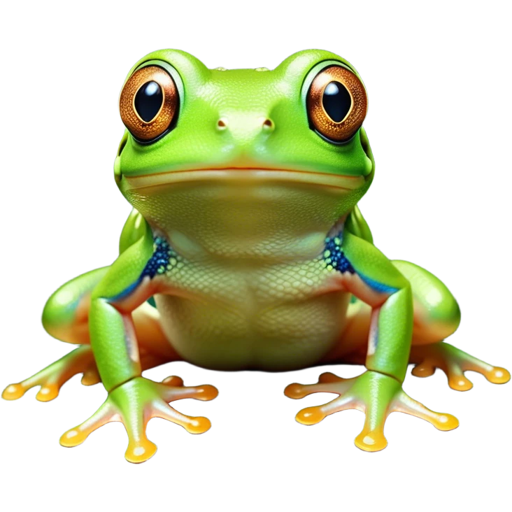Cinematic Cute Green Tree Frog Portrait Emoji, Head tilted playfully and inquisitively, featuring a charmingly compact form with vivid green, slightly textured skin, prominent sticky toe pads, and round, sparkling eyes full of playful wonder, Simplified yet irresistibly adorable features, highly detailed, glowing with a warm, inviting jungle glow, high shine, affectionate and lively, stylized with a touch of tropical whimsy, soft glowing outline, capturing the essence of a mischievous yet loving frog that seems as if it could hop out of the screen into your arms! emoji