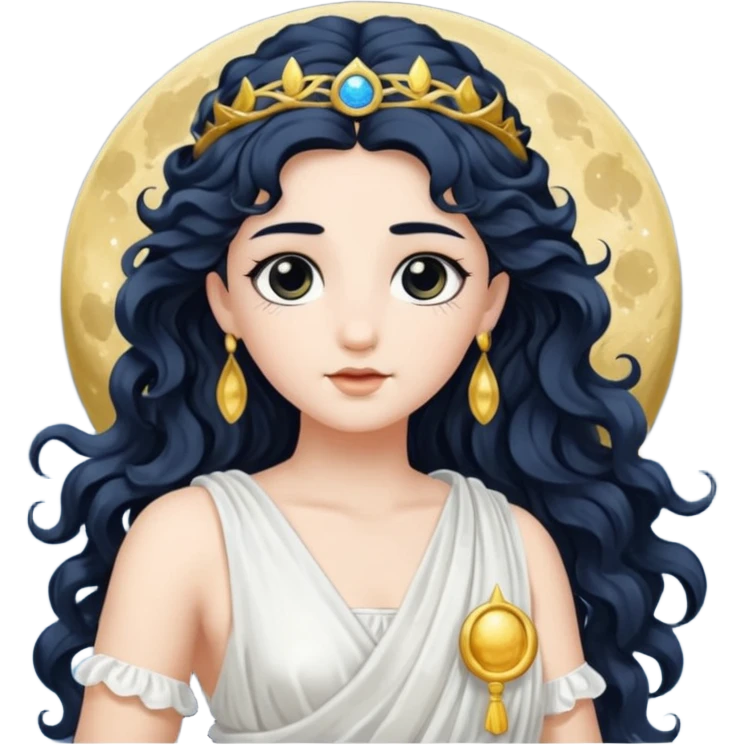 Luna, Goddess of Moon from Roman Deities with long black wavy hair, white sequin toga  emoji