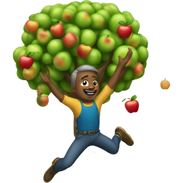 man jumping to get a apple off a tree emoji