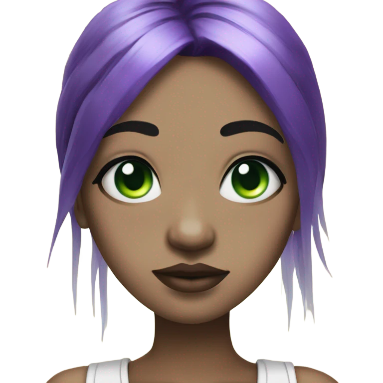 A girl with black hair with purple streaks has a septum ring and 2 bottom lip piercings, white with green eyes and bangs emoji