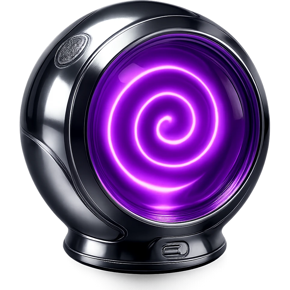 Increase the glow effect of the bright purple spiral core inside the glass-like translucent sphere, making the glow more intense and radiant, with no background. emoji