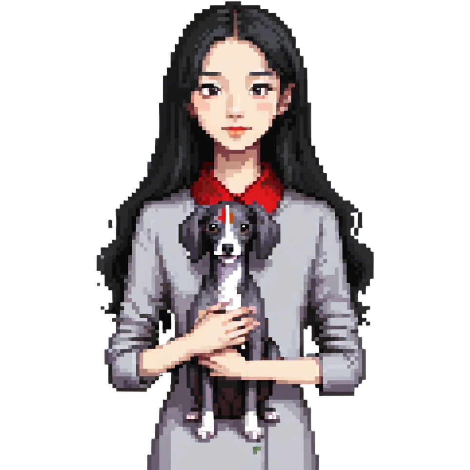 Slim Chinese girl with long black hair holding completely solid grey Italian greyhound with absolutely no white markings anywhere emoji