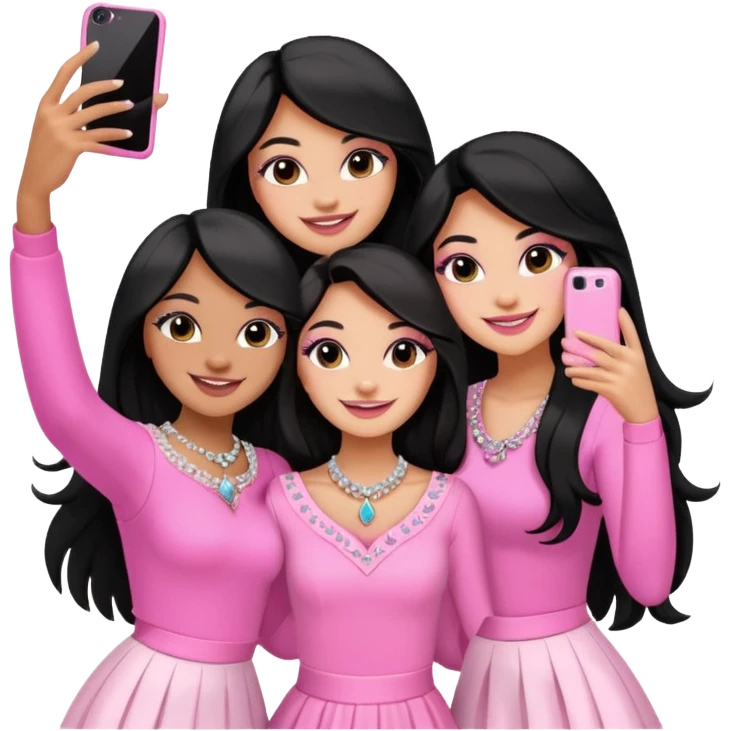 3 besties with professional glammed up looks wearing pink and white, medium skin tone smiling big with black long hair. Very girly wearing jewelry, taking a selfie  emoji