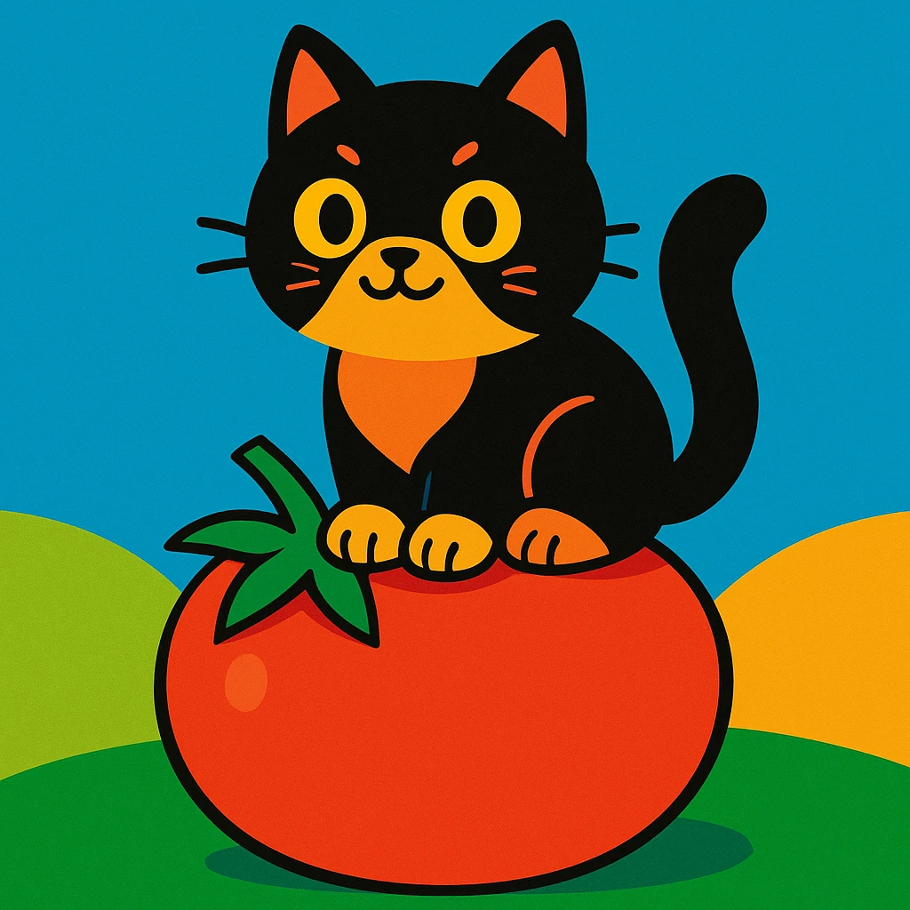 cat sitting on a tomato, bright and cheerful style emoji