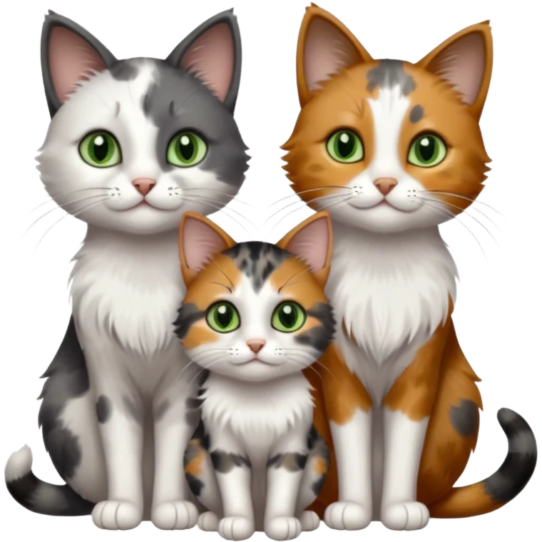 3 different coloured small cats including a dark grey and white, and a patchy calico with hazel eyes and a completely solid dark grey with green eyes and only white paws emoji