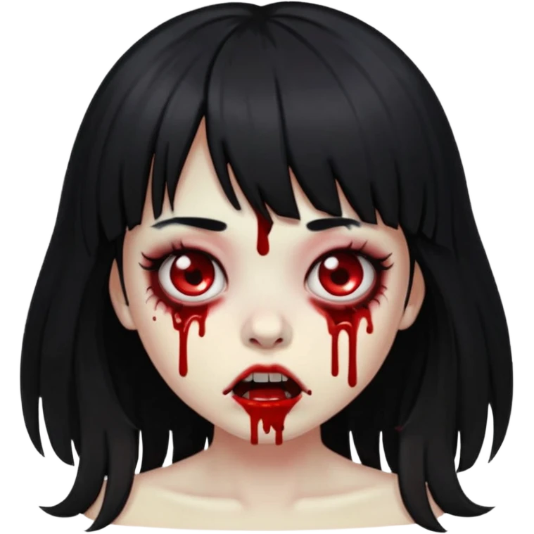emoji de zumbi garota com franja piercing no nariz e sangue com o fundo preto cabelo grande e preto emoji