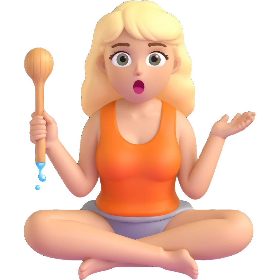 blond woman sitting on her knees with wide eyes, she's holding a wide stick with a D-shaped knob, the stick is made of skin, water squirting from the knob into her mouth, shocked face emoji