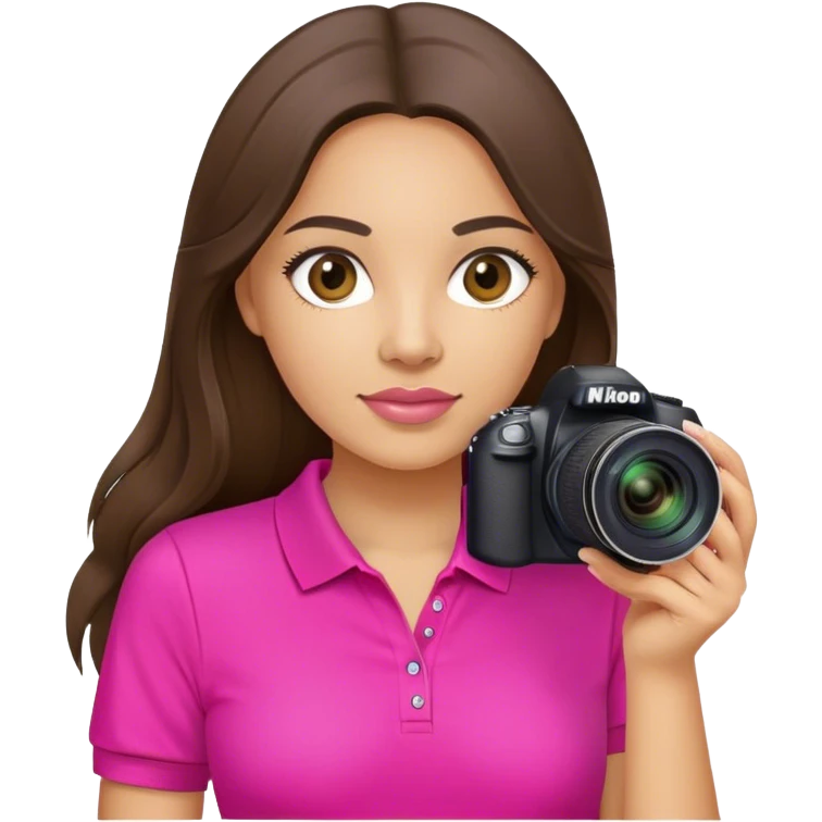 white latin woman with long brunette hair hot pink polo shirt and nikon camera emoji