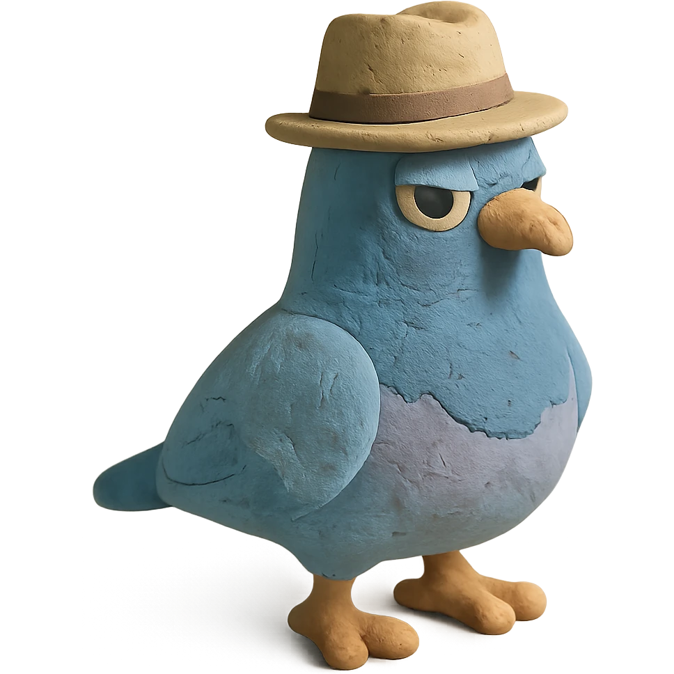 claymation style spy pigeon in pastel colors wearing a fedora emoji