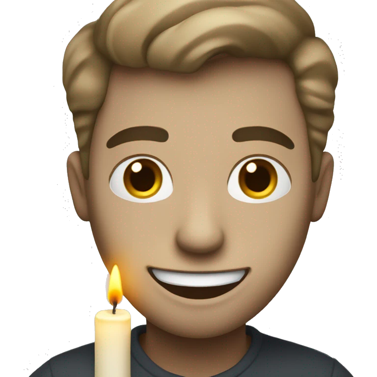 a man with white skin writing a letter and being happy. with a candle in the darkness. emoji