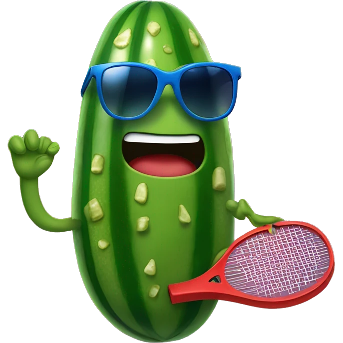 pickle holding a solid red paddle ball racket, blue backgound, wearing sunglasses emoji