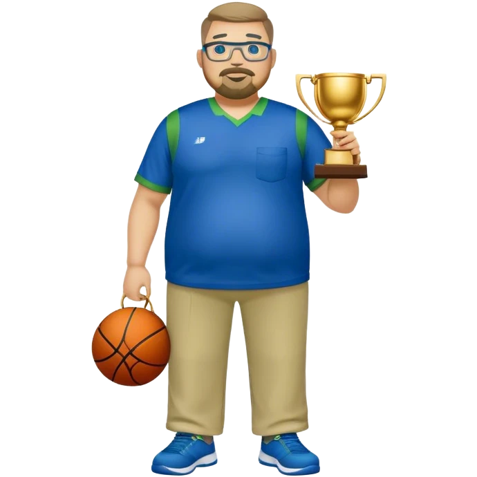 full body white obese male basketball coach with trophy. Goatee , Wearing glasses and blue and green polio and khaki pants emoji