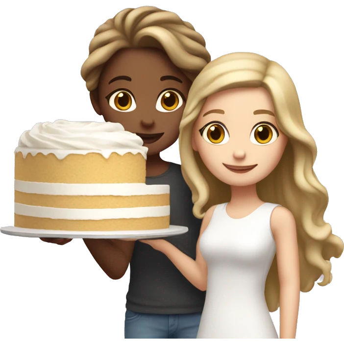 Blond wavy girl with brown straight hair girl together holding big white cake emoji