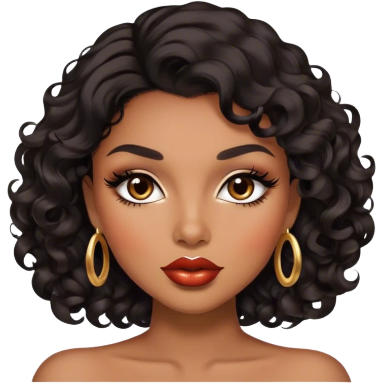 Glamourous, brown skin tone, very beautiful woman, with big plump lips, long long lashes, black curly smooth short hair, brown eyes emoji