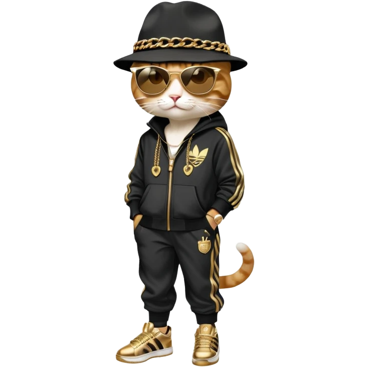 female cat dressed like Run DMC with tracksuit, fedora, Adidas shoes, dark sunglasses, lots of gold chains, upright emoji