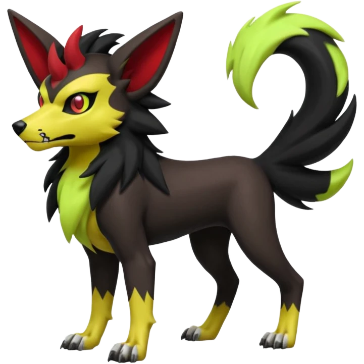Hyper realistic skeletal black and neon green and neon yellow Poochyena-Lycanroc-Zorua-Litten-Houndoom-Fakémon-Pokémon-Digimon-hybrid-fusion (full body) with a skull face emoji