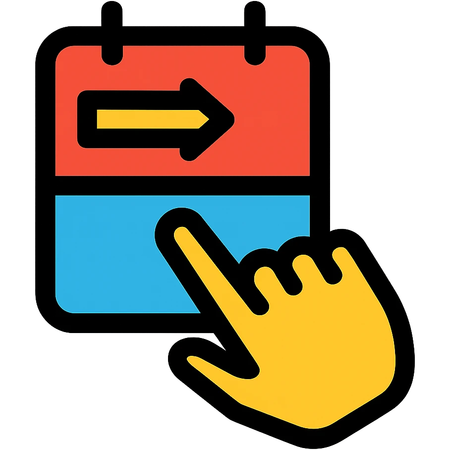 modern and simple app logo featuring a stylized hand swiping on a calendar or event ticket, vibrant colors emoji