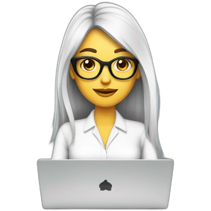 mujer piel blanca pelo largo negro gafas y trabajando en laptop emoji