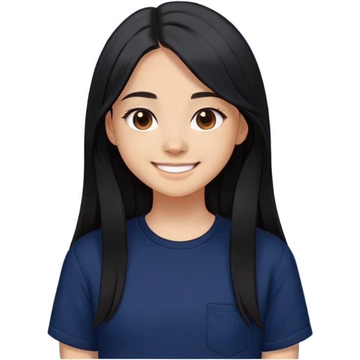 a young teenage girl with light tan skin, she smiling but not showing her teeth, she has a  REALLY REALLY long blackhair, a REALLY-STRAIGHT hair, dark brown eyes, dark navy colored oversized short-sleeved shirt.  emoji