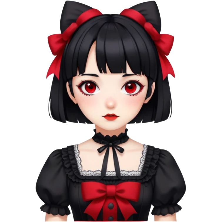 Gothic anime lady with short black hair, black and red Lolita dress, freckles, makeup emoji