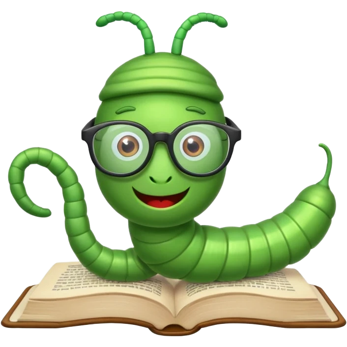 green Worm with glasses reading book emoji