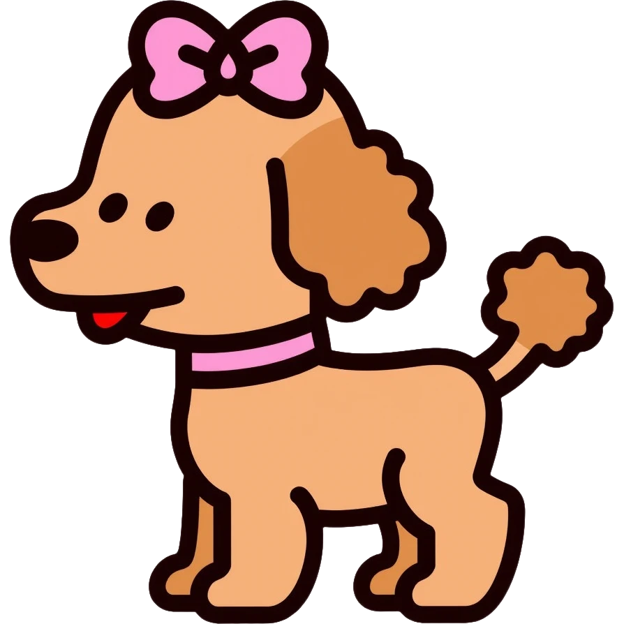 Cute brown poodle dog with a pink bow on its head and tail, with its tongue sticking out, and wearing a pink collar emoji