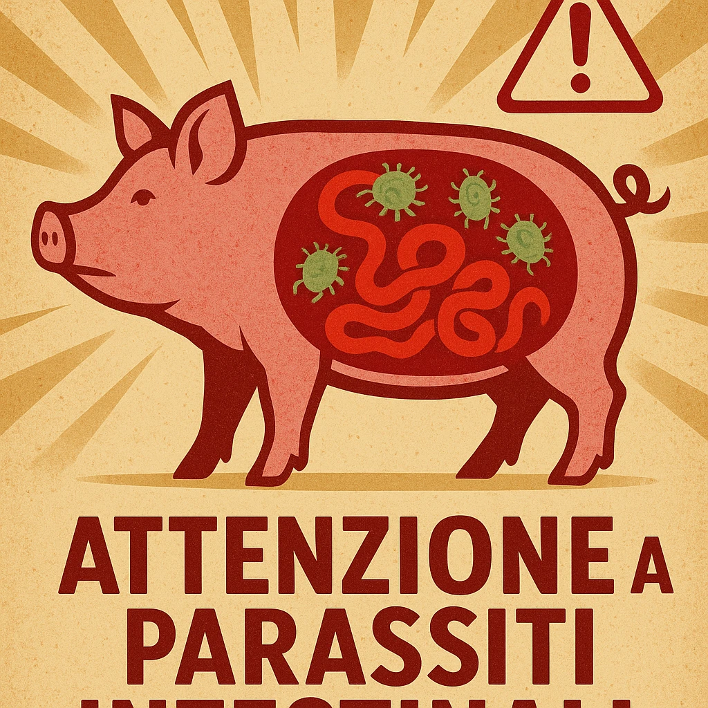 symbolic scene stylized pig with highlighted intestine and presence of parasites health alert atmosphere italian text 'Attenzione ai parassiti intestinali' 4K quality emoji