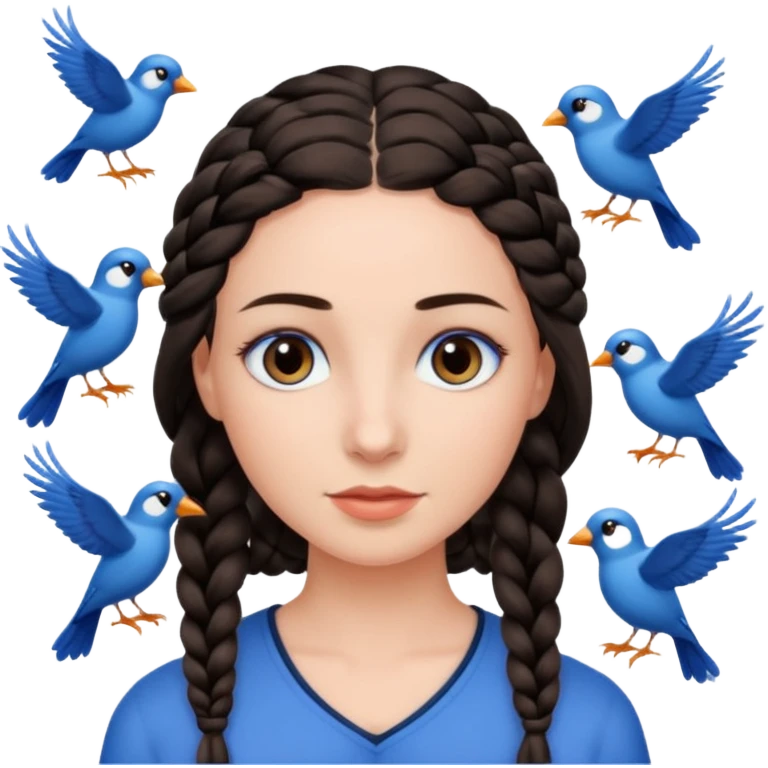женщина с одной темно-коричневой косой серо-голубыми глазами и светлой кожей в окружении птиц emoji