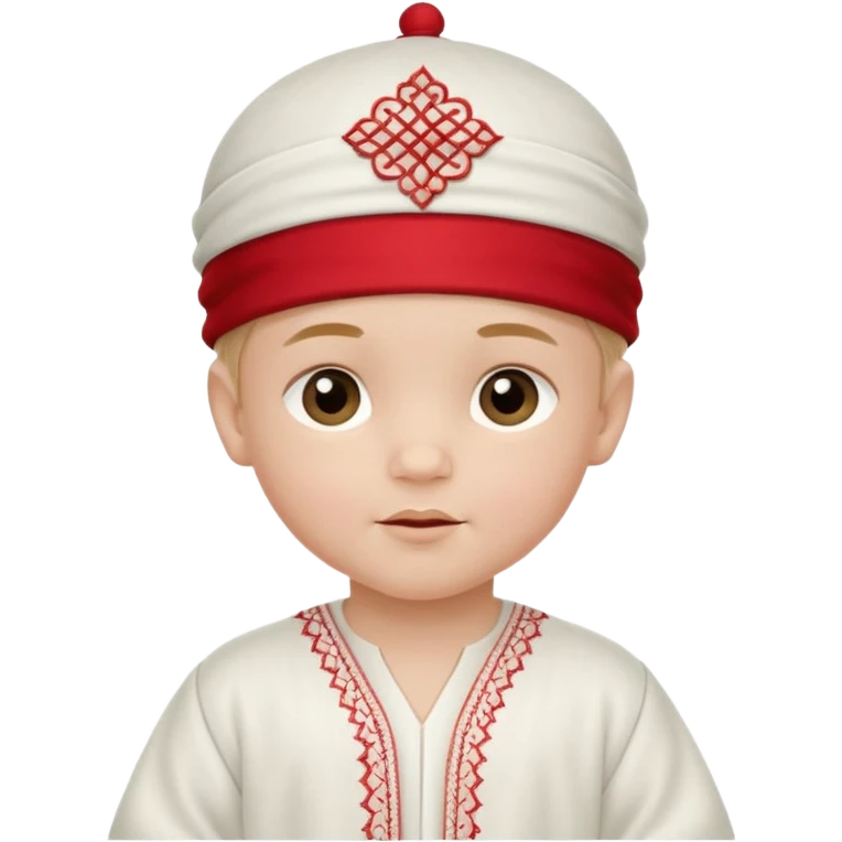  baby boy dressed in wight ghalibiya with delicate decorations with a red Moracain hat  emoji